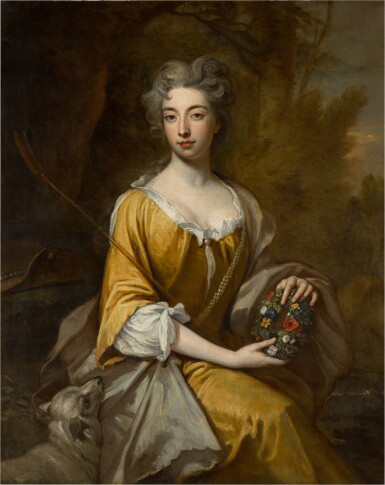 View full screen - View 1 of Lot 138. Portrait of Lady Elizabeth Cromwell (1674–1709), three-quarter-length, as a shepherdess seated in a landscape, holding a floral garland, a lamb by her side.