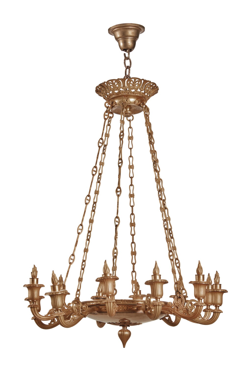 View full screen - View 1 of Lot 134. A NORTHERN EUROPEAN NEOCLASSICAL GILT-BRONZE TWELVE-LIGHT CHANDELIER, POSSIBLY RUSSIAN, CIRCA 1825.
