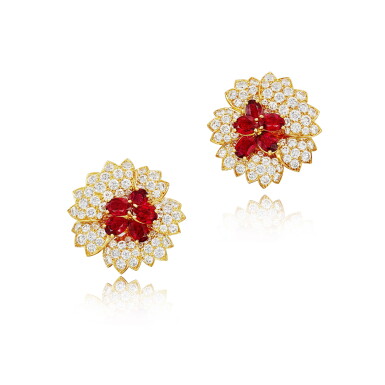 View full screen - View 1 of Lot 2783. Pair of Ruby and Diamond Ear Clips | Oscar Heyman & Brothers | 紅寶石 配 鑽石 耳夾一對.