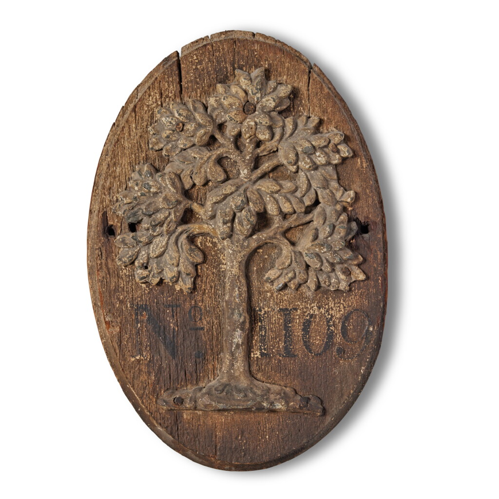View full screen - View 1 of Lot 144. Mutual Assurance Company Paint-Decorated Pine and Lead 'Green Tree' Fire Mark, Samuel Parker, Philadelphia, Pennsylvania, Circa 1798.