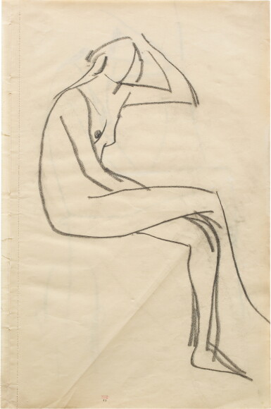 View full screen - View 1 of Lot 86. Esquisse de femme nue assise de profil droit, légèrement tournée vers la droite, les jambes croisées, la main droite entre les genoux, la main gauche sur la tête .