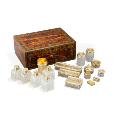 View full screen - View 1 of Lot 1334. A George IV silver-gilt toilet travelling set, Charles Rawlings, London, 1824-1827, one lid Rawlings & Summers, London, 1838.