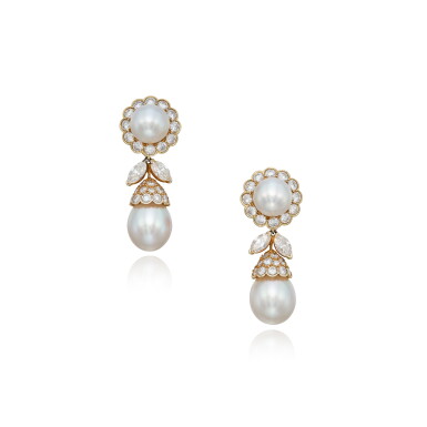 View full screen - View 1 of Lot 112. Pair of Cultured Pearl and Diamond Earclips.