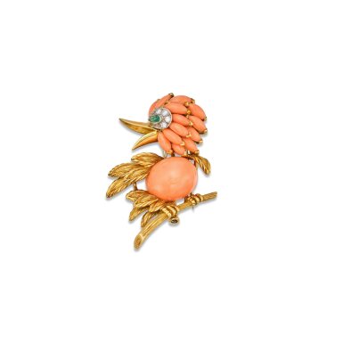 View full screen - View 1 of Lot 195. Gold, Coral, Emerald and Diamond Clip-Brooch.