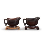 A pair of archaistic silver-inlaid zitan libation cups, yi, Qing dynasty | 清 紫檀錯銀絲匜盃一對
