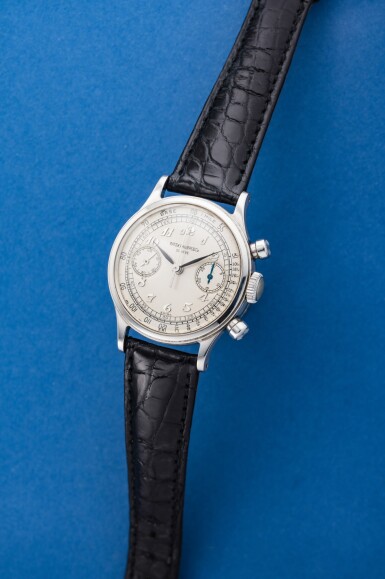 View full screen - View 1 of Lot 49. Reference 1463 | A stainless steel chronograph wristwatch with Breguet numerals, Made in 1949 | 百達翡麗 1463 | 型號精鋼計時腕錶配寶璣式數字時標,1949年製.