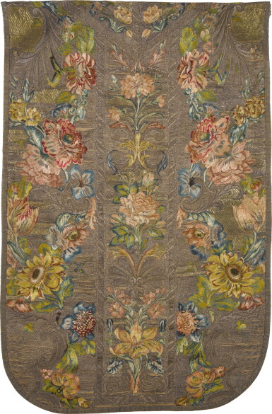 View full screen - View 1 of Lot 22. A European silk embroidered and metal thread ecclesiastical chasuble back, Italian, 18th century.