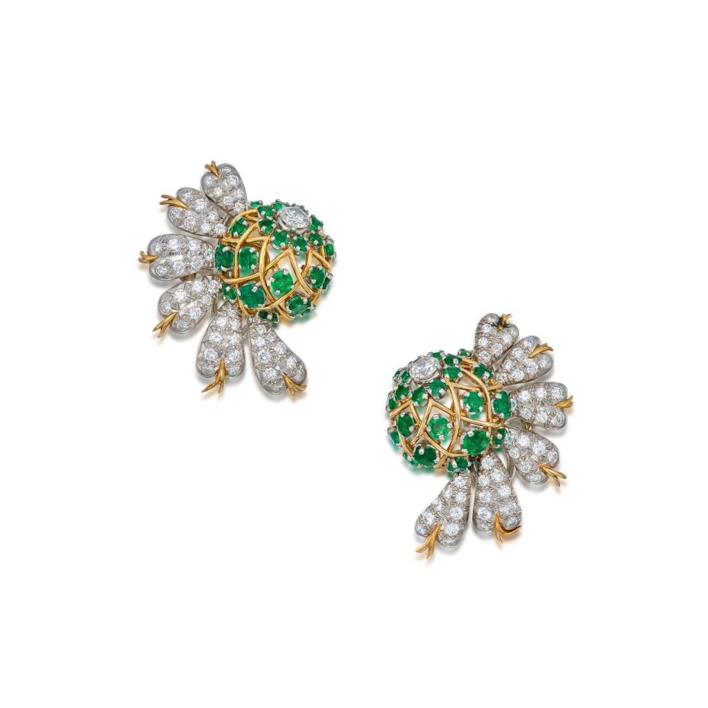 View full screen - View 1 of Lot 127. A Pair of Emerald and Diamond Earclips.