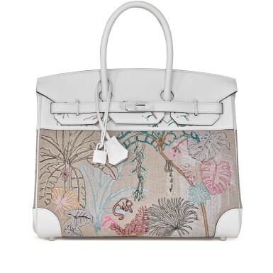 View full screen - View 1 of Lot 5514. Limited Edition White Swift and Multicolor Canvas Embroidery Faubourg Tropical Birkin 35 Palladium Hardware, 2022.