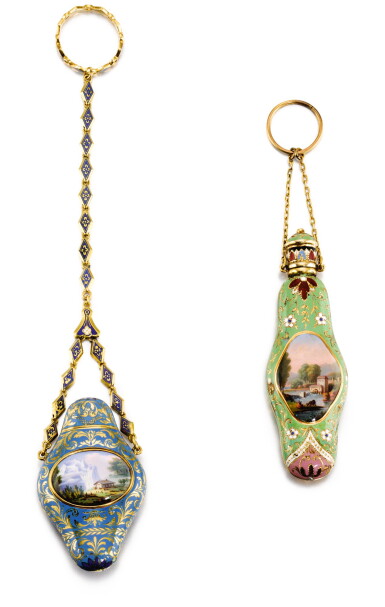 View full screen - View 1 of Lot 51. TWO 'TURKISH MARKET' GOLD AND ENAMEL SCENT BOTTLES, GENEVA, CIRCA 1825.
