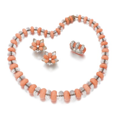 View full screen - View 1 of Lot 70. CORAL AND DIAMOND RING, SIGNED CARTIER, CORAL AND ROCK CRYSTAL NECKLACE AND PAIR OF EARRINGS (ANELLO IN CORALLO E DIAMANTI, FIRMATO CARTIER, COLLANA E PAIO DI ORECCHINI IN CORALLO, CRISTALLO DI ROCCA E DIAMANTI).