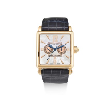 View full screen - View 1 of Lot 8039. ROGER DUBUIS | GOLDEN SQUARE, REFERENCE G34 28 5 NG 1D.52 | A LIMITED EDITION PINK GOLD AND DIAMOND-SET SINGLE BUTTON CHRONOGRAPH WRISTWATCH WITH MOTHER-OF-PEARL DIAL, CIRCA 2006 | 羅杰杜彼 | Golden Square 型號G34 28 5 NG 1D.52 限量版粉紅金鑲鑽石單按鈕計時腕錶,備珠母貝錶盤,約2006年製.