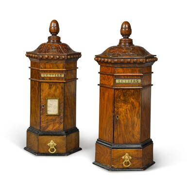 View full screen - View 1 of Lot 229. A pair of Victorian walnut and ebonised country house letterboxes, circa 1870.