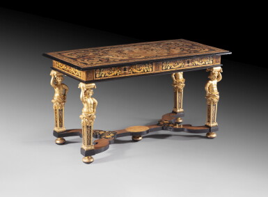 View full screen - View 1 of Lot 16. A fruitwood, burrwood and ebony marquetery console, attributed to Pierre Gole, Louis XIV, circa 1700 | Console en marqueterie de bois fruitiers, ronce et d'ébène d'époque Louis XIV, attribuée à Pierre Gole, vers 1700.