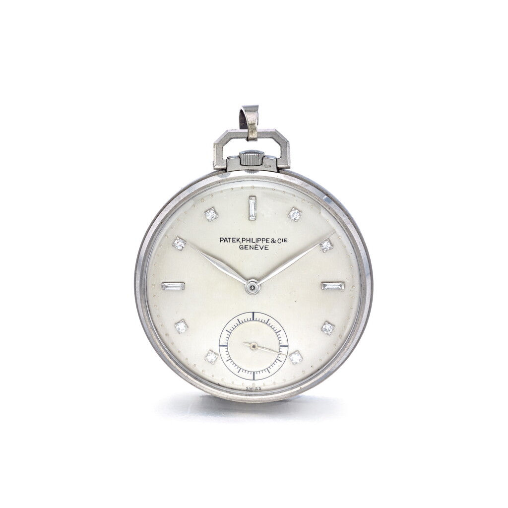 View full screen - View 1 of Lot 913. PATEK PHILIPPE | REF 600 'MODERNE', A PLATINUM OPEN FACED WATCH WITH DIAMOND INDEXES, MADE IN 1947 | 百達翡麗 | 600型號「MODERNE」鉑金懷錶備鑽石時標,1947年製.