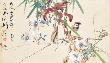 View full screen - View 1 of Lot 6030. 陳樹人、趙少昂、關山月、楊善深、黎葛民 牽牛麻雀 | Chen Shuren (1884-1948), Zhao Shao'ang (1905-1998), Guan Shanyue(1912-2000), Yang Shanshen(1913-2004), Li Gemin(1882-1978), Perching by Morning Glory.