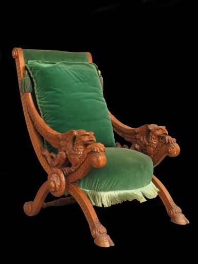 View full screen - View 1 of Lot 21. AN ITALIAN CARVED WALNUT "CURULE" ARMCHAIRS BY LUIGI FRULLINI, FLORENCE, LATE 19TH CENTURY.