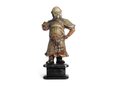 View full screen - View 1 of Lot 67. A POLYCHROME DECORATED SOAPSTONE FIGURE OF GUANDI | QING DYNASTY, 19TH CENTURY.