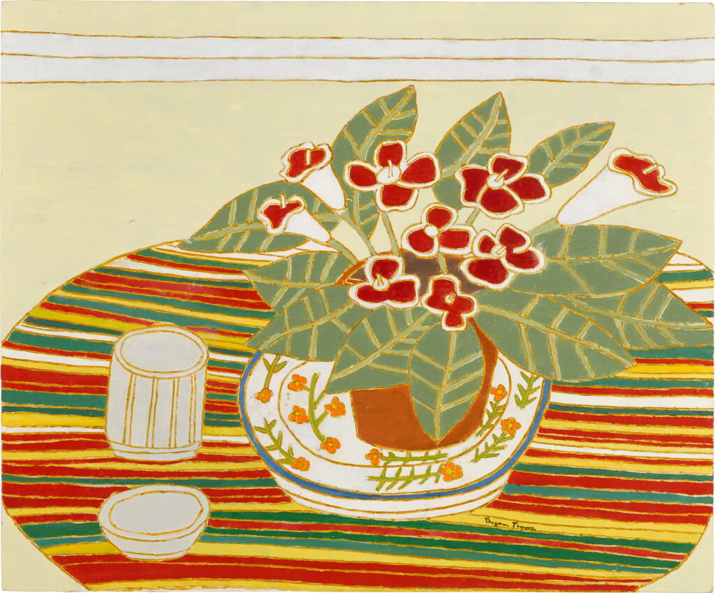 View full screen - View 1 of Lot 100. Red and White Gloxinia on Striped Cloth.