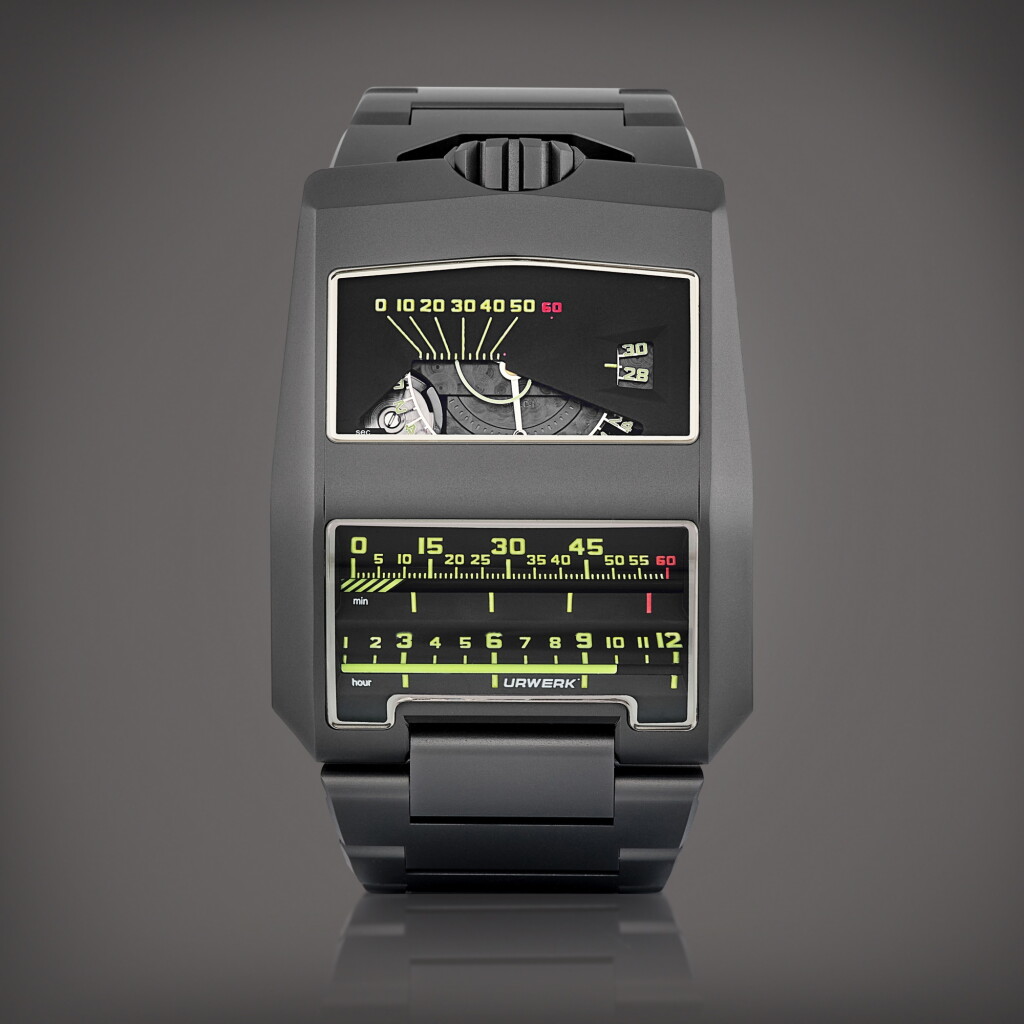 View full screen - View 1 of Lot 2169. Black Cobra, Reference UR-CC1 | A unique AlTiN-coated grey gold and titanium wristwatch with linear jumping hour, retrograde minutes, digital seconds display and bracelet, Circa 2018 | Urwerk | Black Cobra 型號UR-CC1 | 獨一無二 AlTiN 塗層處理灰金及鈦金屬鏈帶腕錶,備直線跳時、逆跳分鐘及數位秒顯示,約2018年製.