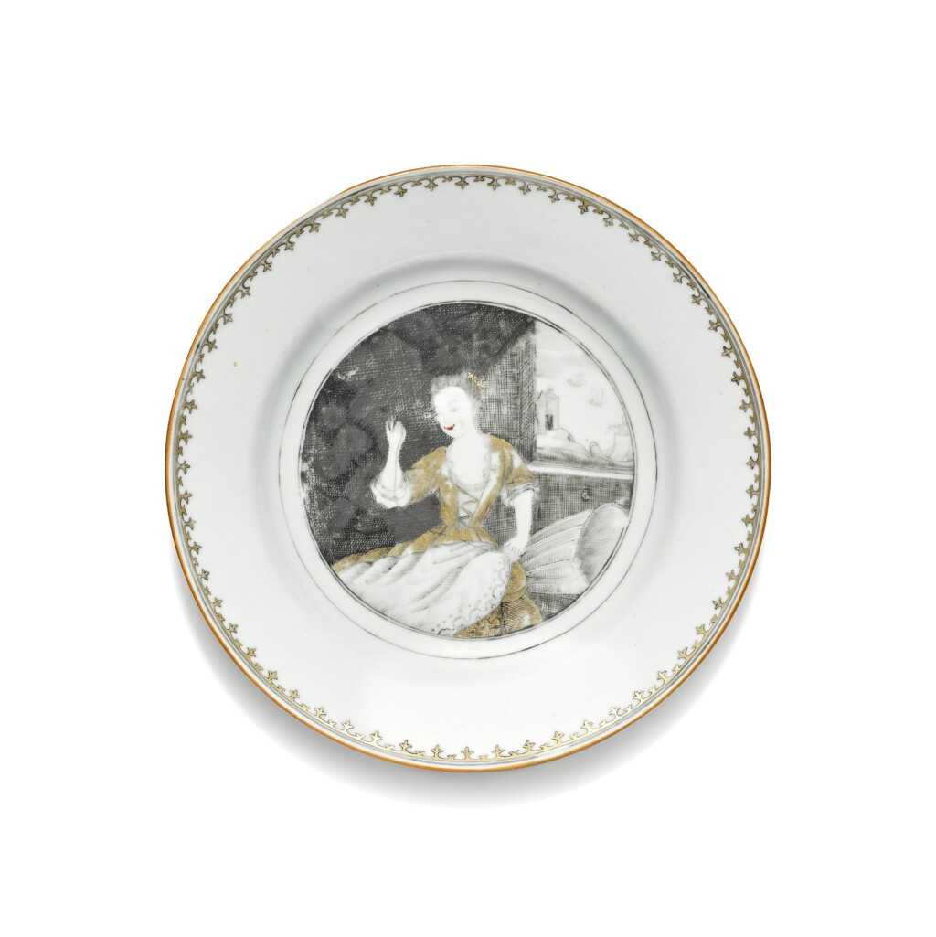 View full screen - View 1 of Lot 242. A grisaille decorated 'Seamstress' plate, Qing dynasty, 18th century.