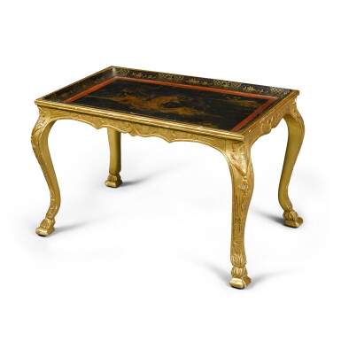 View full screen - View 1 of Lot 91. A 19th century papier-mâché tray on later giltwood stand.