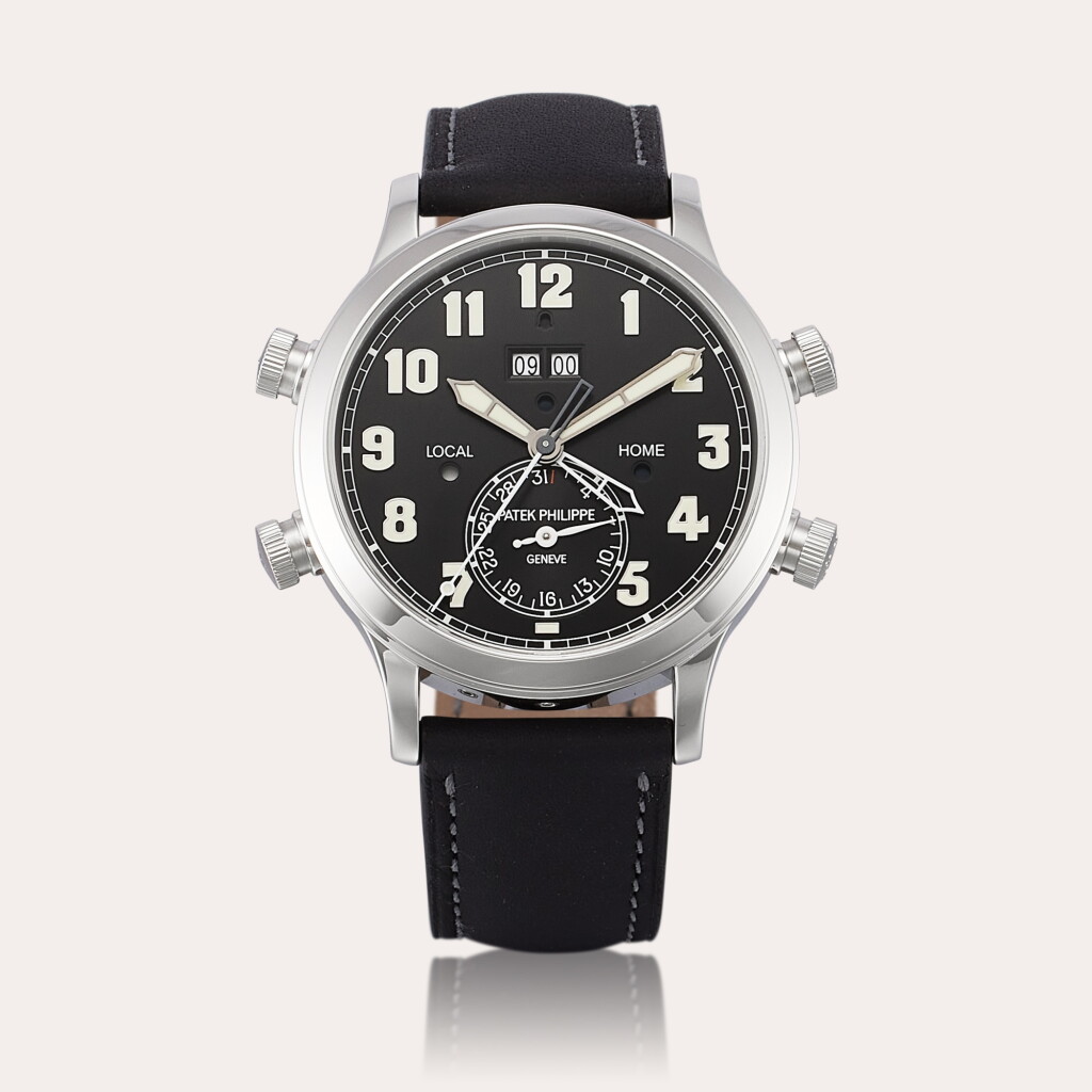 View full screen - View 1 of Lot 2302. Alarm Travel Time, Reference 5520 | A platinum dual time wristwatch with date, alarm and day and night indication, Circa 2020.