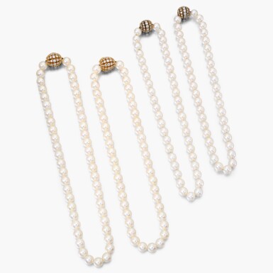 View full screen - View 1 of Lot 672. Two Pairs of Cultured Pearl and Diamond Necklaces.