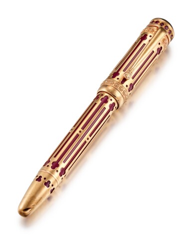 View full screen - View 1 of Lot 8016. MONTBLANC | A LIMITED EDITION YELLOW GOLD, RUBY-SET AND RESIN FOUTAIN PEN, CIRCA 1997.