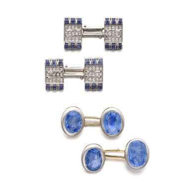 View full screen - View 1 of Lot 1187. Pair of sapphire cufflinks and a pair of sapphire and diamond cufflinks, circa 1910.
