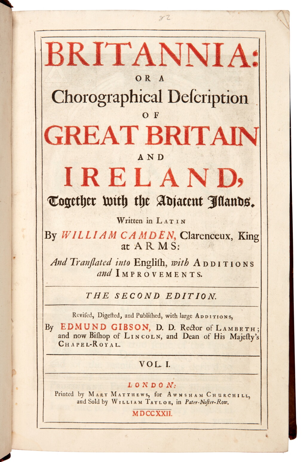 View full screen - View 1 of Lot 8. William Camden | Britannia. London, 1722, second edition, 2 volumes.