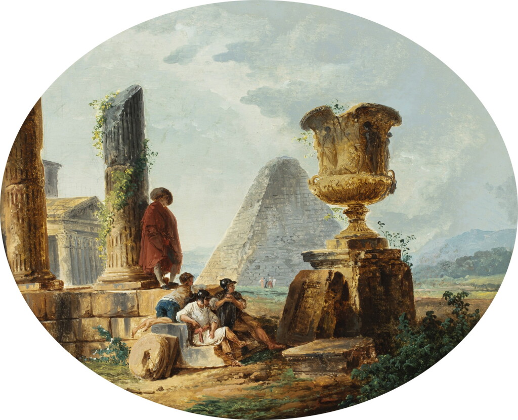 View full screen - View 1 of Lot 713. (i) Landscape with soldiers and a pyramid (ii) Landscape with washerwomen at a fountain.
