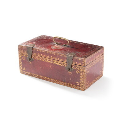 View full screen - View 1 of Lot 85. A royal Louis XIV or Louis XV red leather casket with the coat-of-arms of the Grand Dauphin.