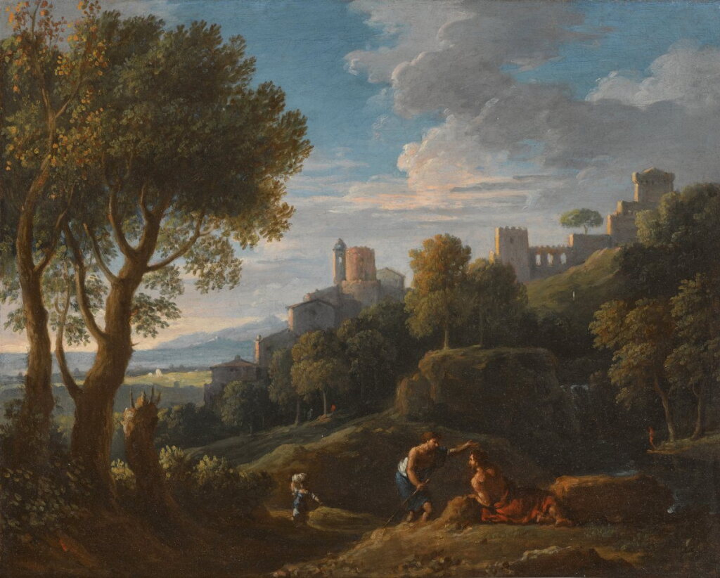 View full screen - View 1 of Lot 41. A classical landscape with figures in the foreground, a walled town beyond.