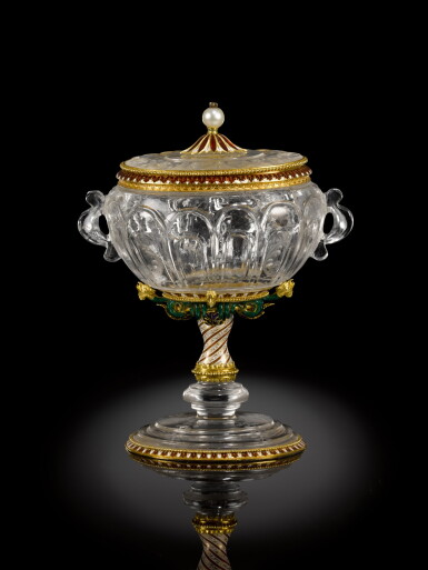 View full screen - View 1 of Lot 85. A rock crystal cup and cover with enameled gold mounts, probably French, last third of the 19th century,.