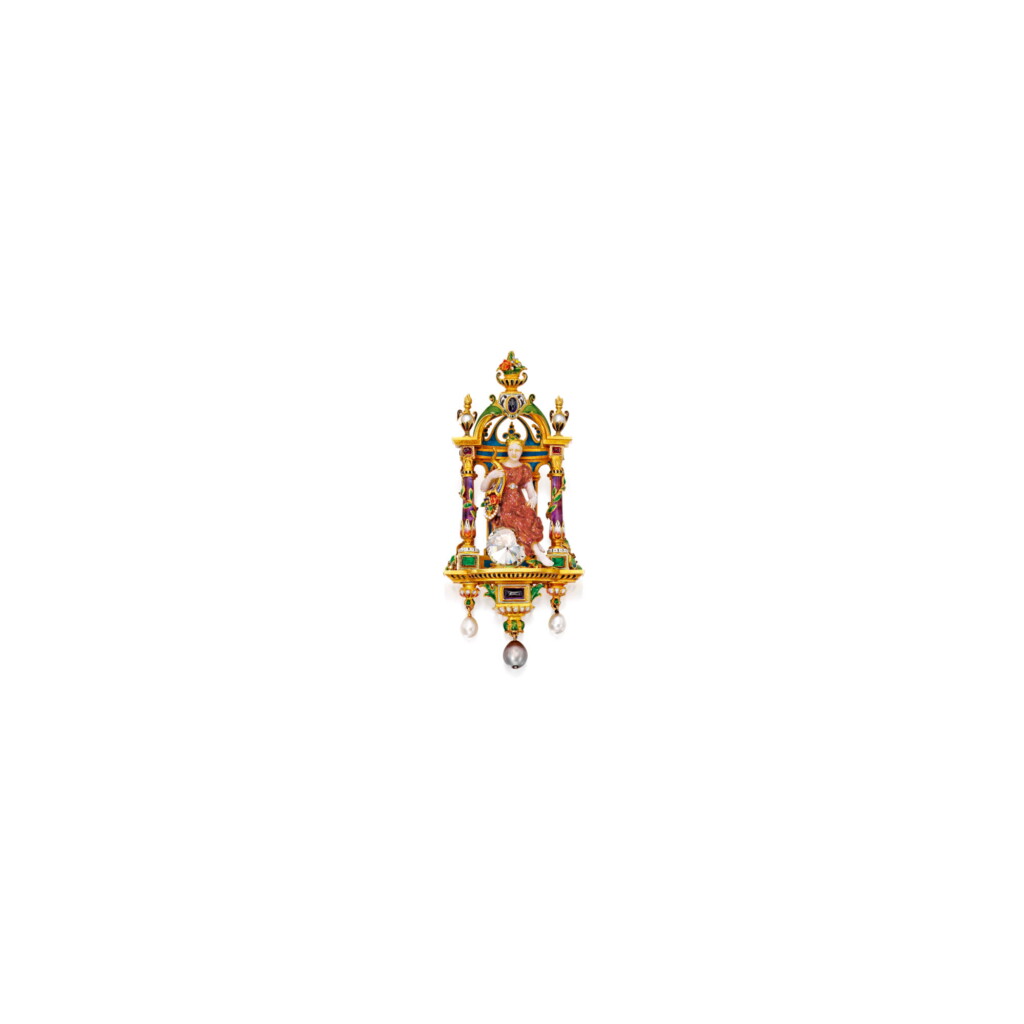 View full screen - View 1 of Lot 494. GOLD, ENAMEL, DIAMOND AND GEM-SET PENDANT-BROOCH, BOUCHERON, PARIS | 黃金配琺瑯彩、鑽石及寶石吊墜 / 別針,Boucheron.