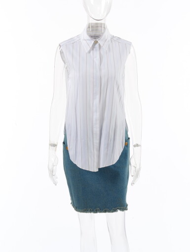 View full screen - View 1 of Lot 128. CHANEL | DENIM SKIRT AND SLEEVELESS BLOUSE.