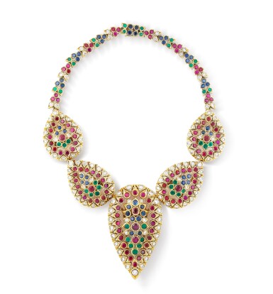 View full screen - View 1 of Lot 106. Collier rubis, émeraudes, saphirs et diamants | Ruby, emerald, sapphire and diamond necklace.