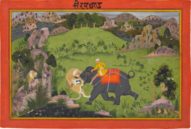 View full screen - View 1 of Lot 157. A lion hunt, India, Rajasthan, Mewar, first half 18th century.