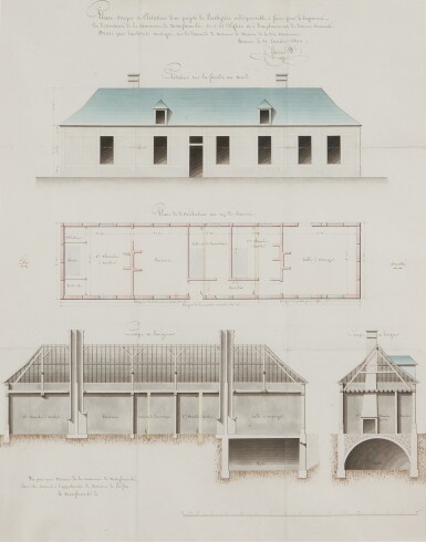 View full screen - View 1 of Lot 390. Plan, coupes et élévation d’un projet de presbytére indispensable á faire pour le logement du desservant de la commune de Neuf Marche.
