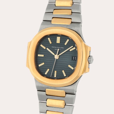 View full screen - View 1 of Lot 234. Nautilus, Reference 3800/1 | A stainless steel and yellow gold wristwatch with date and bracelet | Circa 1984.