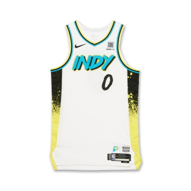 View full screen - View 1 of Lot 6. Tyrese Haliburton Indiana Pacers 2025 NBA Playoffs Eastern Conference Semifinals Game Worn City Edition Jersey | Game 4 | Double-Double | Matched to 2 Playoff Games.
