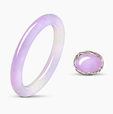 View full screen - View 1 of Lot 1243. Lavender Jadeite Bangle and Lavender Jadeite and Gem-Set Ring | 天然紫色翡翠 配 寶石 及 鑽石 戒指 及 天然紫羅蘭翡翠 手鐲.