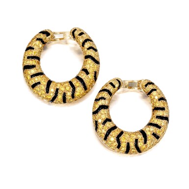 View full screen - View 1 of Lot 49. Cartier | Pair of Colored Diamond and Onyx Earclips, France.
