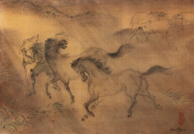 View full screen - View 1 of Lot 10. Tran Van Tho (1917-2004), Horses under the storm | 陳文圖 (1917-2004), 雨中駿馬.
