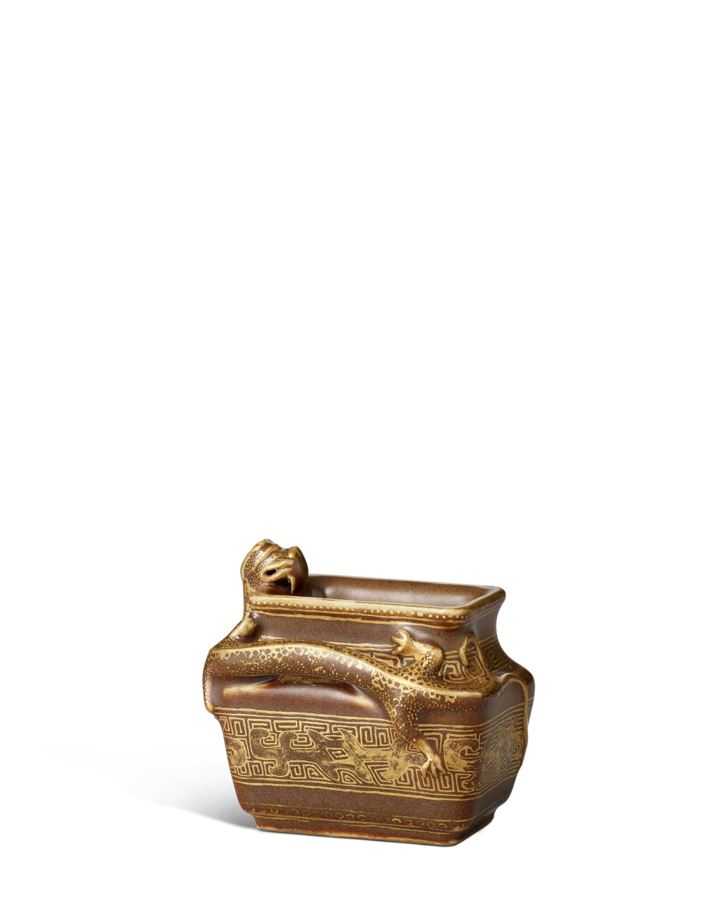 View full screen - View 1 of Lot 9847. A fine and rare gilt-decorated bronze-imitation waterpot, Seal mark and period of Qianlong | 清乾隆 仿銅釉描金塑貼螭龍水盂 《乾隆年製》款.