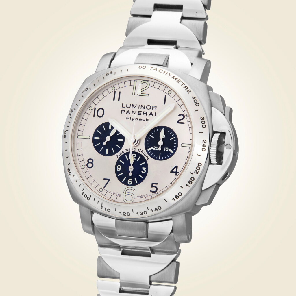 View full screen - View 1 of Lot 315. Reference PAM00060 Luminor Flyback | A limited edition titanium automatic fly back chronograph wristwatch with bracelet, Circa 2000.