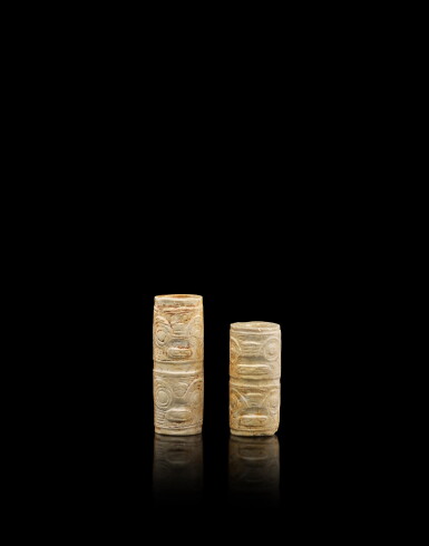 View full screen - View 1 of Lot 3744. Two jade 'mask' beads, Neolithic period, Liangzhu culture | 新石器時代 良渚文化玉獸面紋管式珠兩顆.