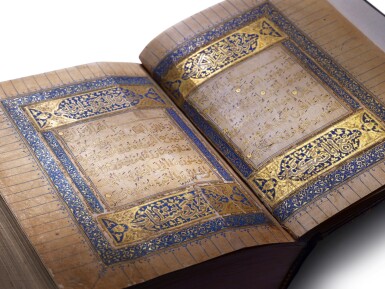 View full screen - View 1 of Lot 9. A fine illuminated Qur'an made for the chief justice of Jerusalem and Nablus, copied by Abu al-Fadl Muhammad ibn Abd al-Wahhab al-Shafi al-Sunbati al-Araj, Egypt, Mamluk, dated 920 AH/1514 AD.