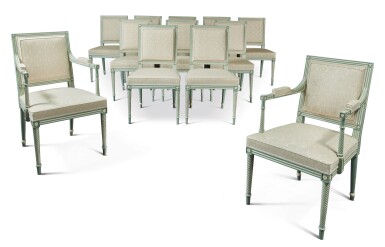 View full screen - View 1 of Lot 291. A SET OF TWELVE LATE GEORGE III STYLE WHITE AND GREEN PAINTED DINING CHAIRS, 20TH CENTURY.